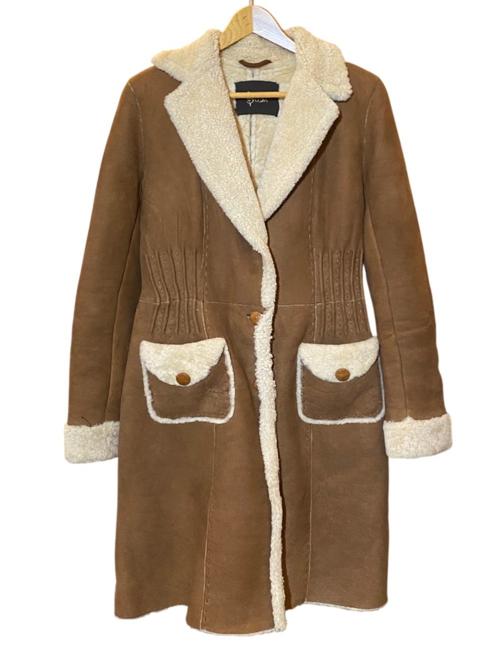 Blan Italy Archival 100% Real Shearling Ruched Waist Shawl Collar Coat 42 6 NWOT